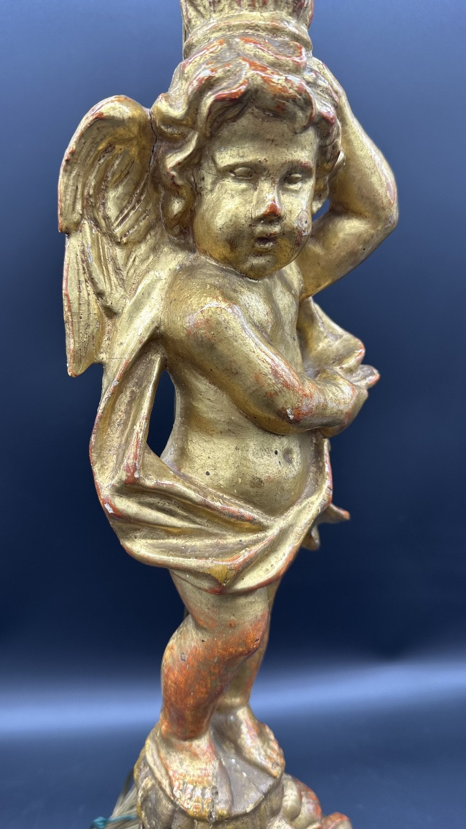 Candeliere in legno dorato intagliato e dorato con figura di putto - XVIII sec  -photo-5