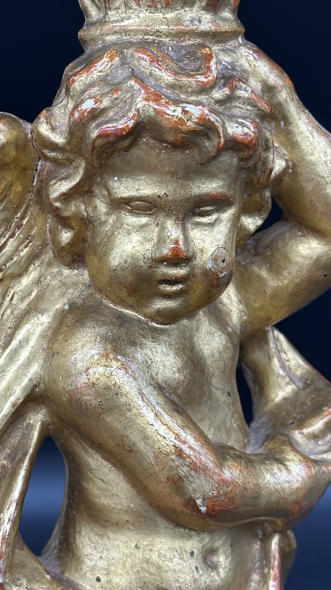 Candeliere in legno dorato intagliato e dorato con figura di putto - XVIII sec  -photo-6