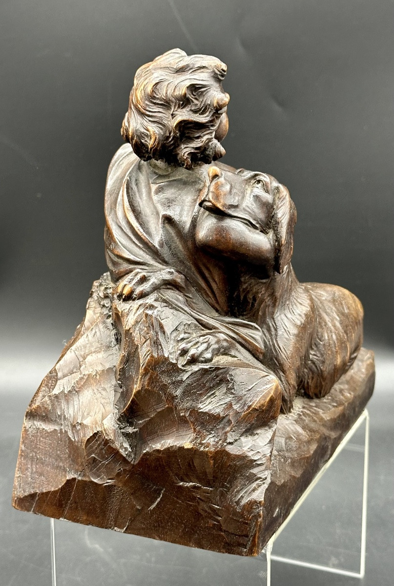 Scultura in Legno Scolpito - Putto con Cane Epoca: XIX secolo-photo-2