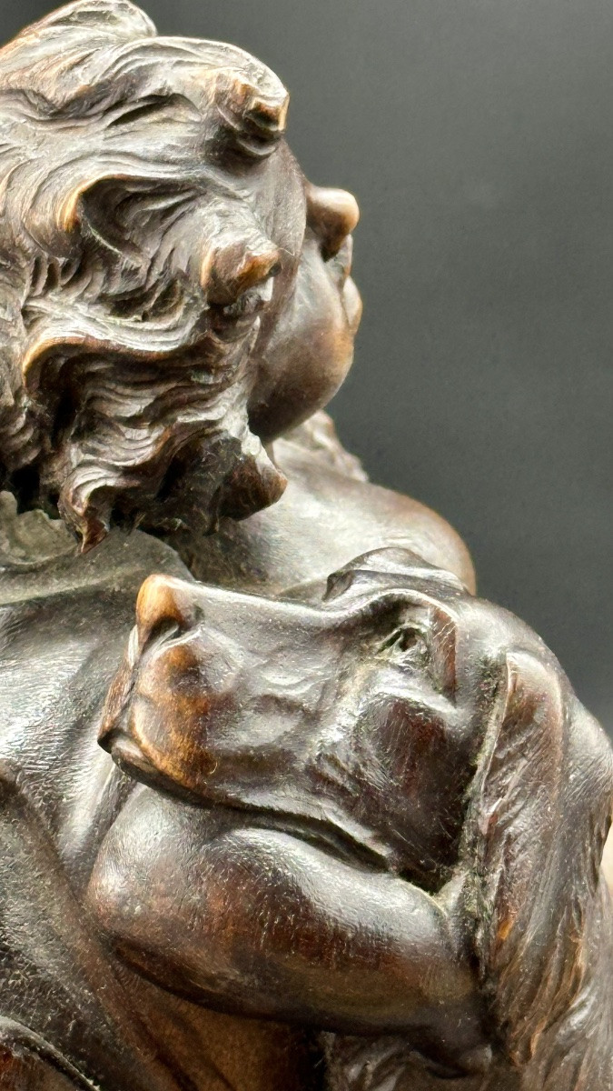 Scultura in Legno Scolpito - Putto con Cane Epoca: XIX secolo-photo-4