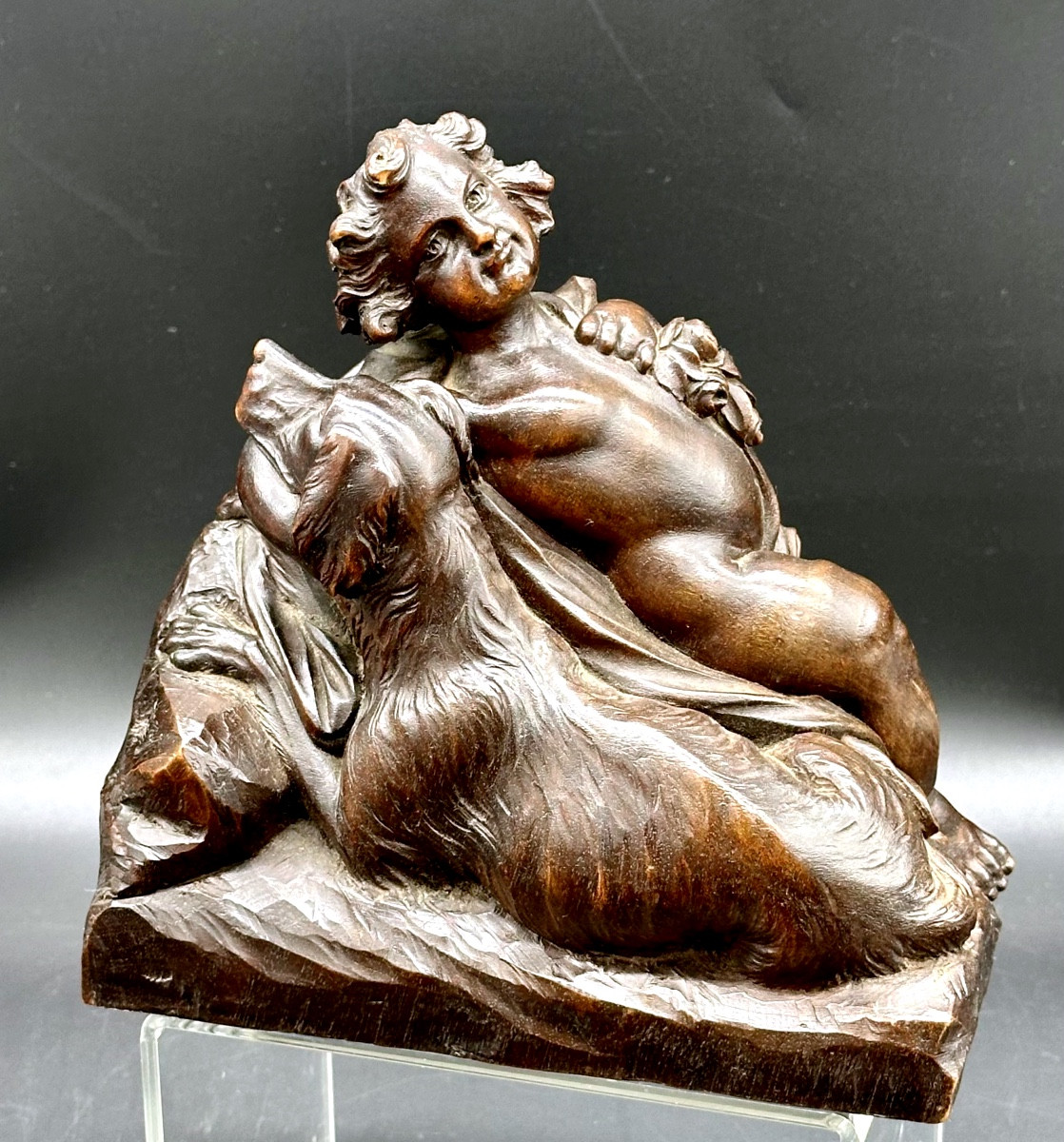 Scultura in Legno Scolpito - Putto con Cane Epoca: XIX secolo