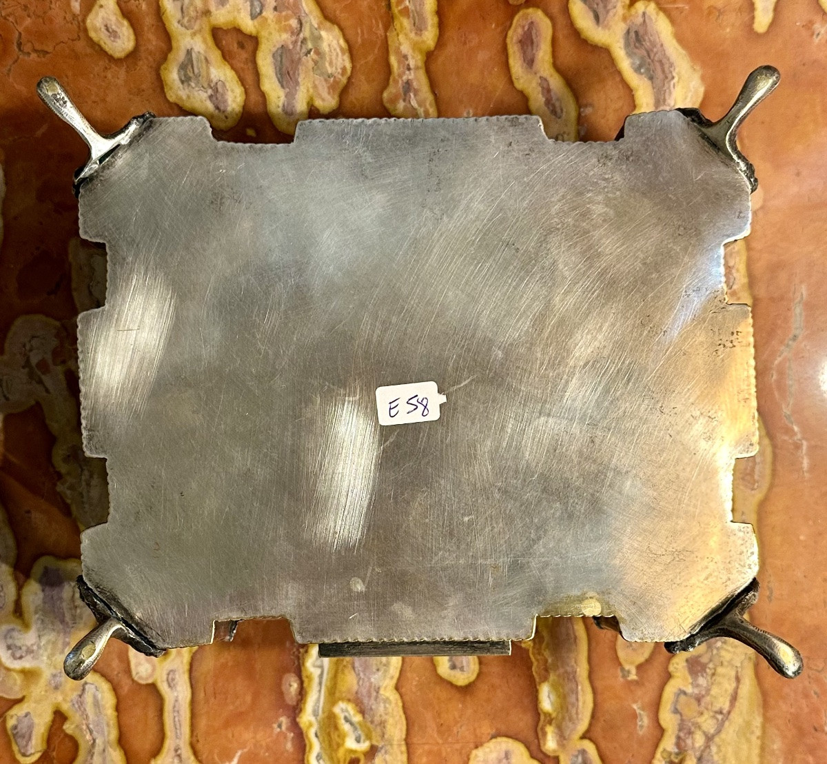 Scatola in metallo argentato finemente cesellata con pietra blu Europa, XIX secolo-photo-2