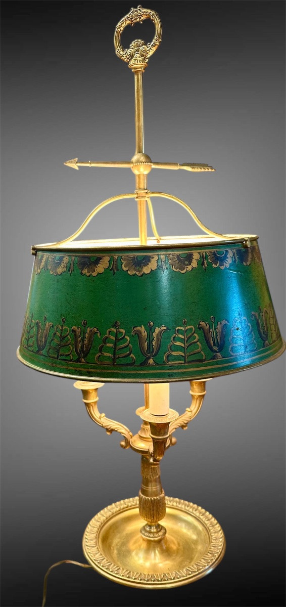 Lampada Bouillotte in bronzo dorato e paralume in metallo dipinto, primo '900. -photo-2