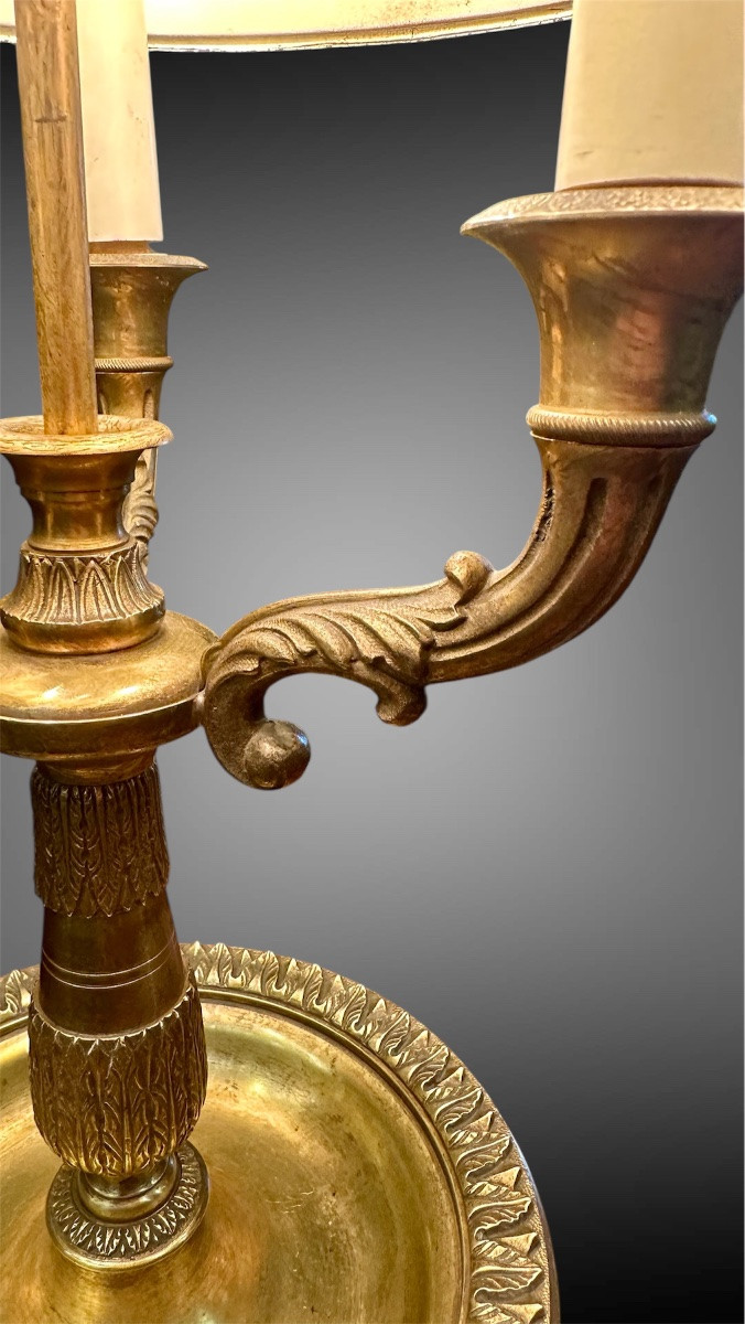 Lampada Bouillotte in bronzo dorato e paralume in metallo dipinto, primo '900. -photo-6