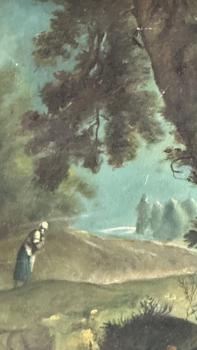 Dipinto Pastorale “Paesaggio con figure” del XIX Secolo – Olio su Tela con Cornice Dorata-photo-1
