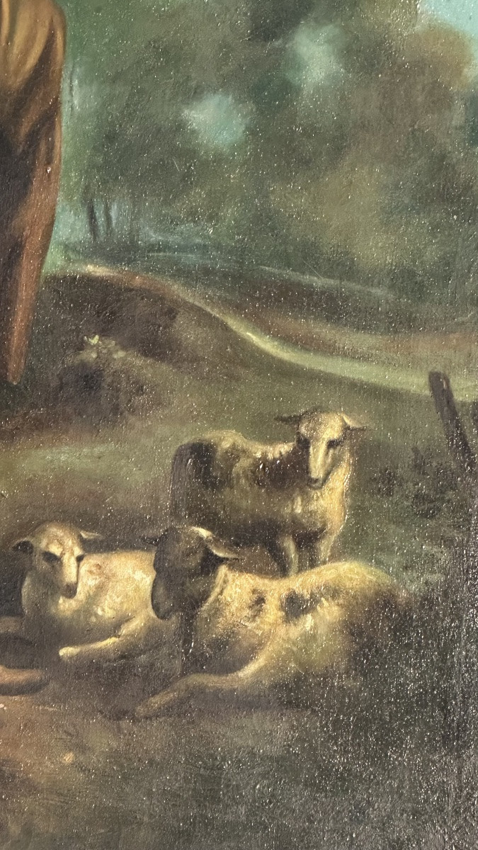 Dipinto Pastorale “Paesaggio con figure” del XIX Secolo – Olio su Tela con Cornice Dorata-photo-2