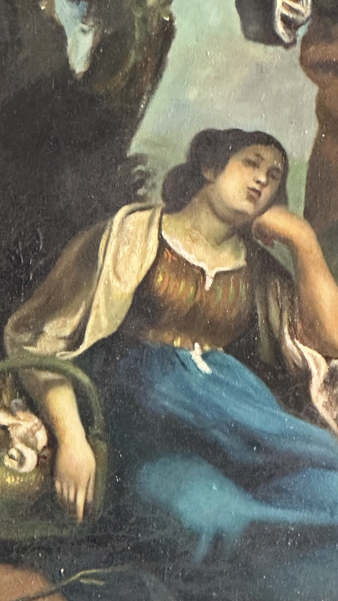 Dipinto Pastorale “Paesaggio con figure” del XIX Secolo – Olio su Tela con Cornice Dorata-photo-3