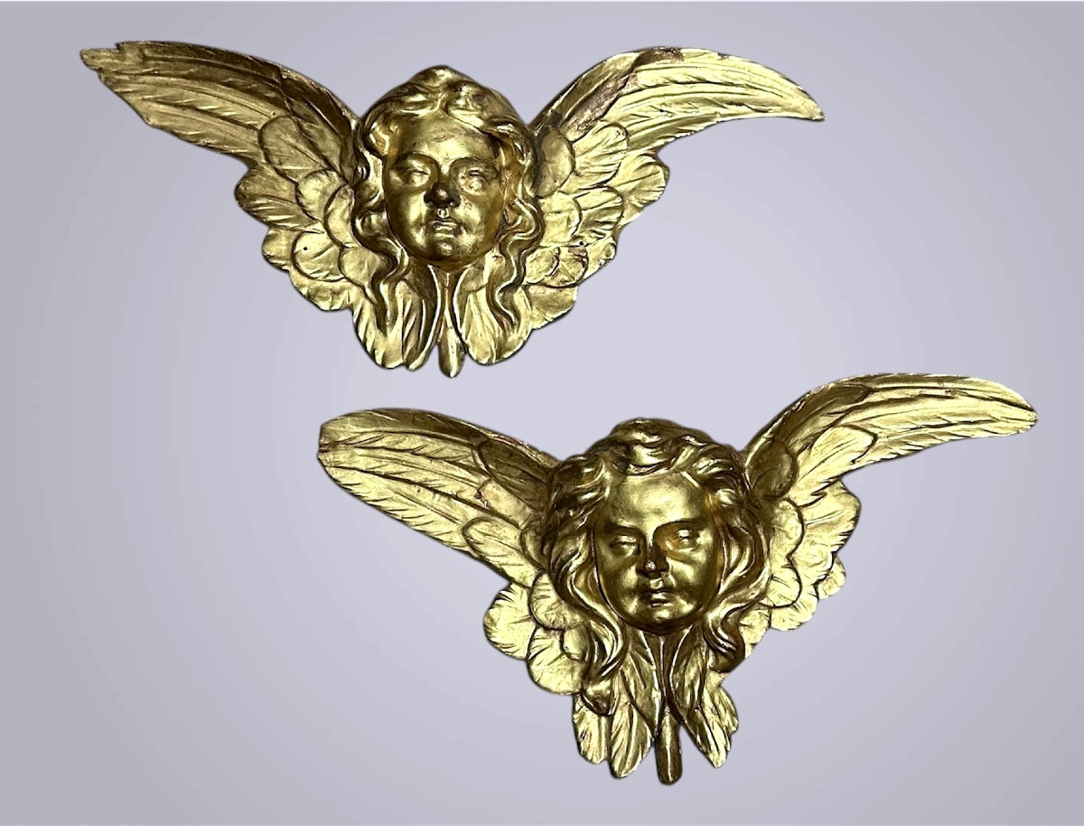 Coppia di cherubini alati in legno dorato – XVIII/ XIX secolo