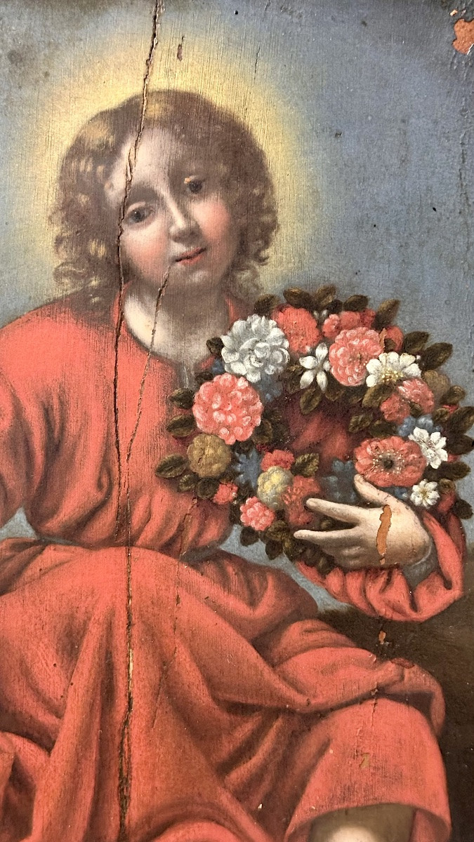 Dipinto olio su tavola “Sacra Immagine del Bambino con Ghirlanda di Fiori” - Inizi del XIX sec.-photo-2