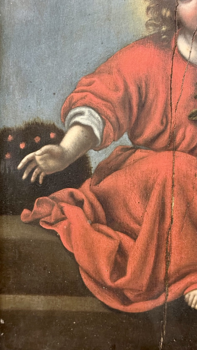 Dipinto olio su tavola “Sacra Immagine del Bambino con Ghirlanda di Fiori” - Inizi del XIX sec.-photo-3