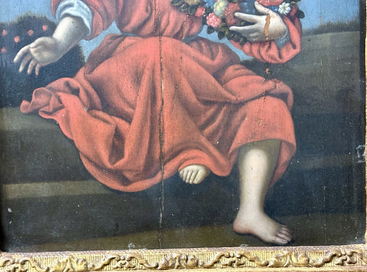 Dipinto olio su tavola “Sacra Immagine del Bambino con Ghirlanda di Fiori” - Inizi del XIX sec.-photo-4