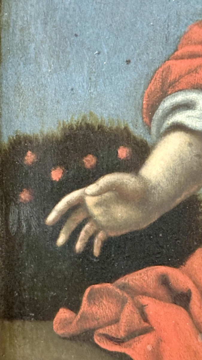 Dipinto olio su tavola “Sacra Immagine del Bambino con Ghirlanda di Fiori” - Inizi del XIX sec.-photo-4