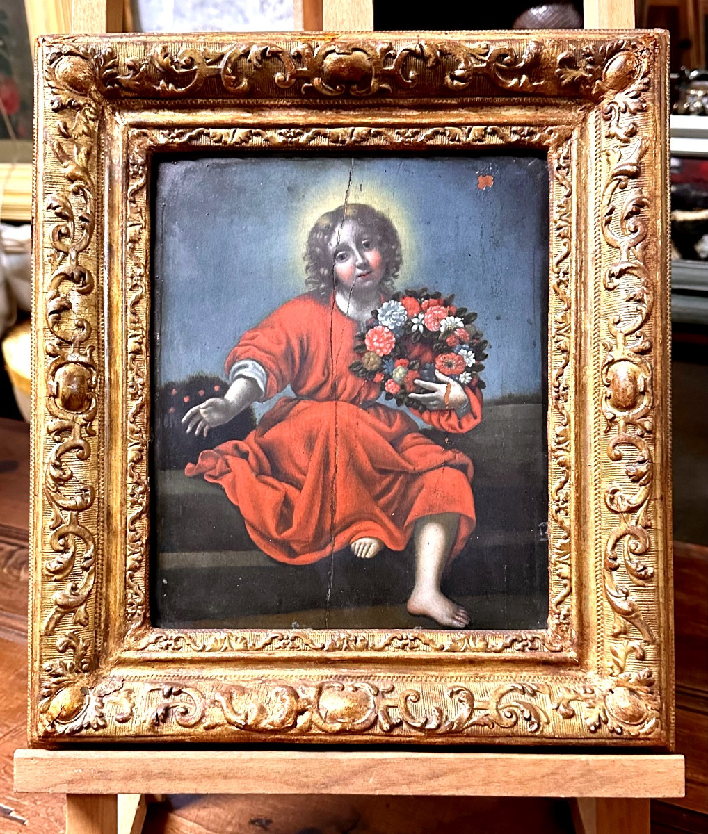 Dipinto olio su tavola “Sacra Immagine del Bambino con Ghirlanda di Fiori” - Inizi del XIX sec.