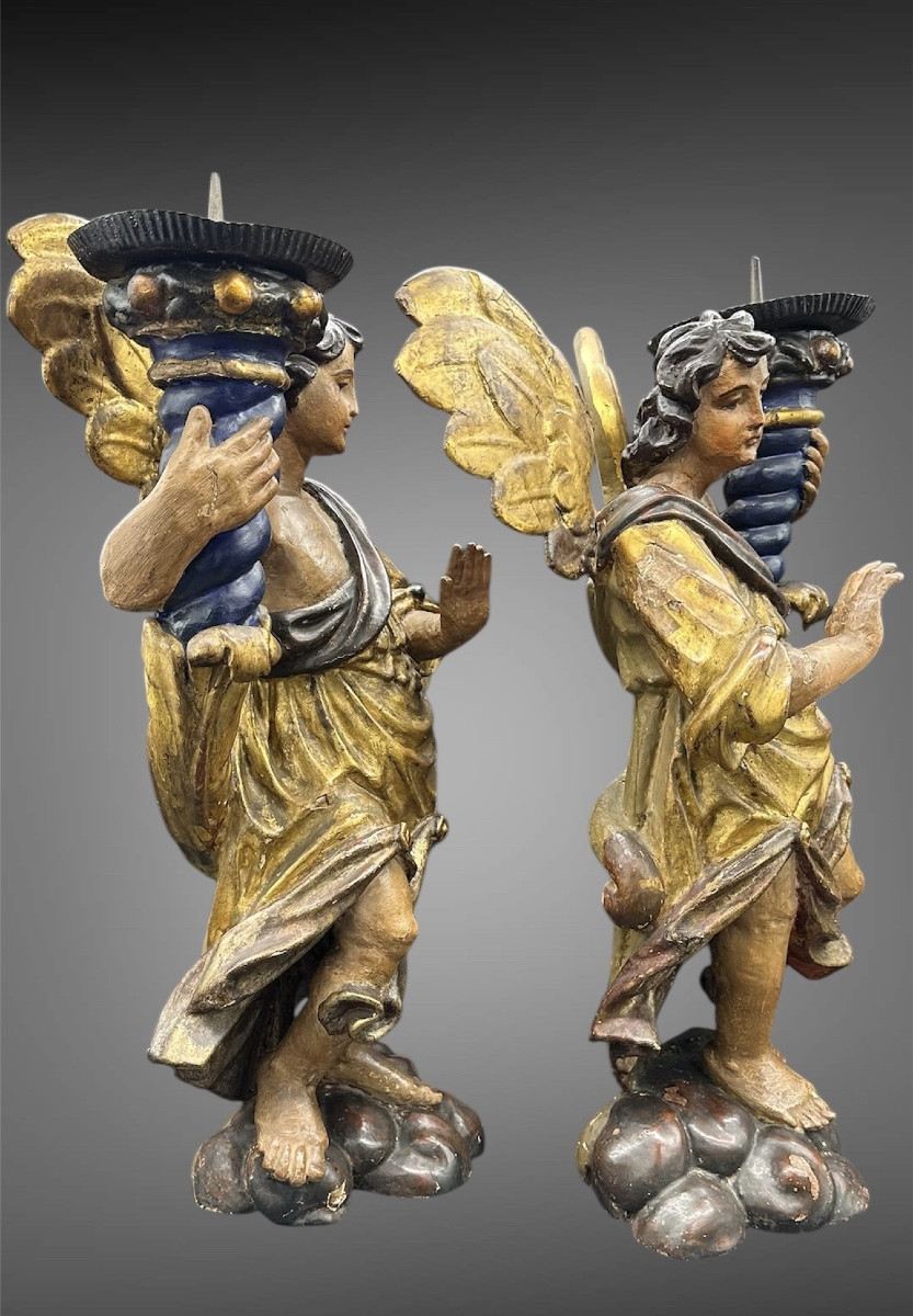 Coppia di Angeli Portacandele in Legno Policromo – XVII secolo-photo-2