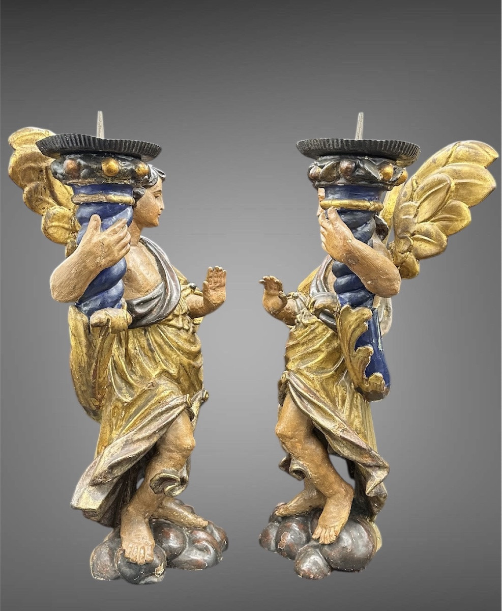 Coppia di Angeli Portacandele in Legno Policromo – XVII secolo-photo-3