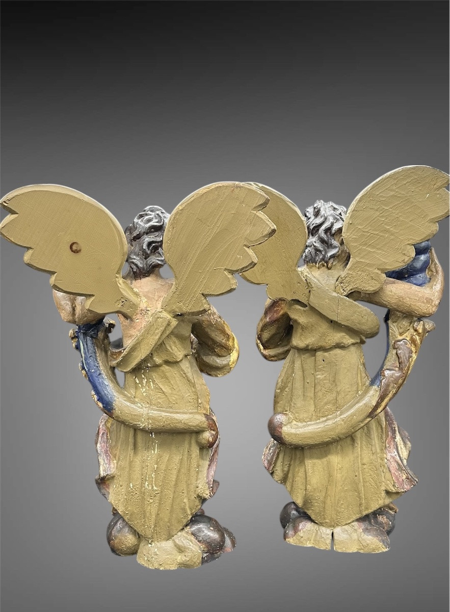 Coppia di Angeli Portacandele in Legno Policromo – XVII secolo-photo-1