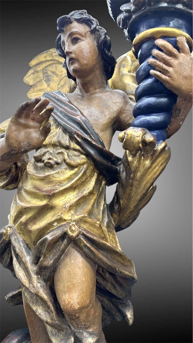 Coppia di Angeli Portacandele in Legno Policromo – XVII secolo-photo-2