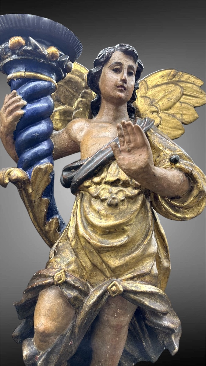 Coppia di Angeli Portacandele in Legno Policromo – XVII secolo-photo-3