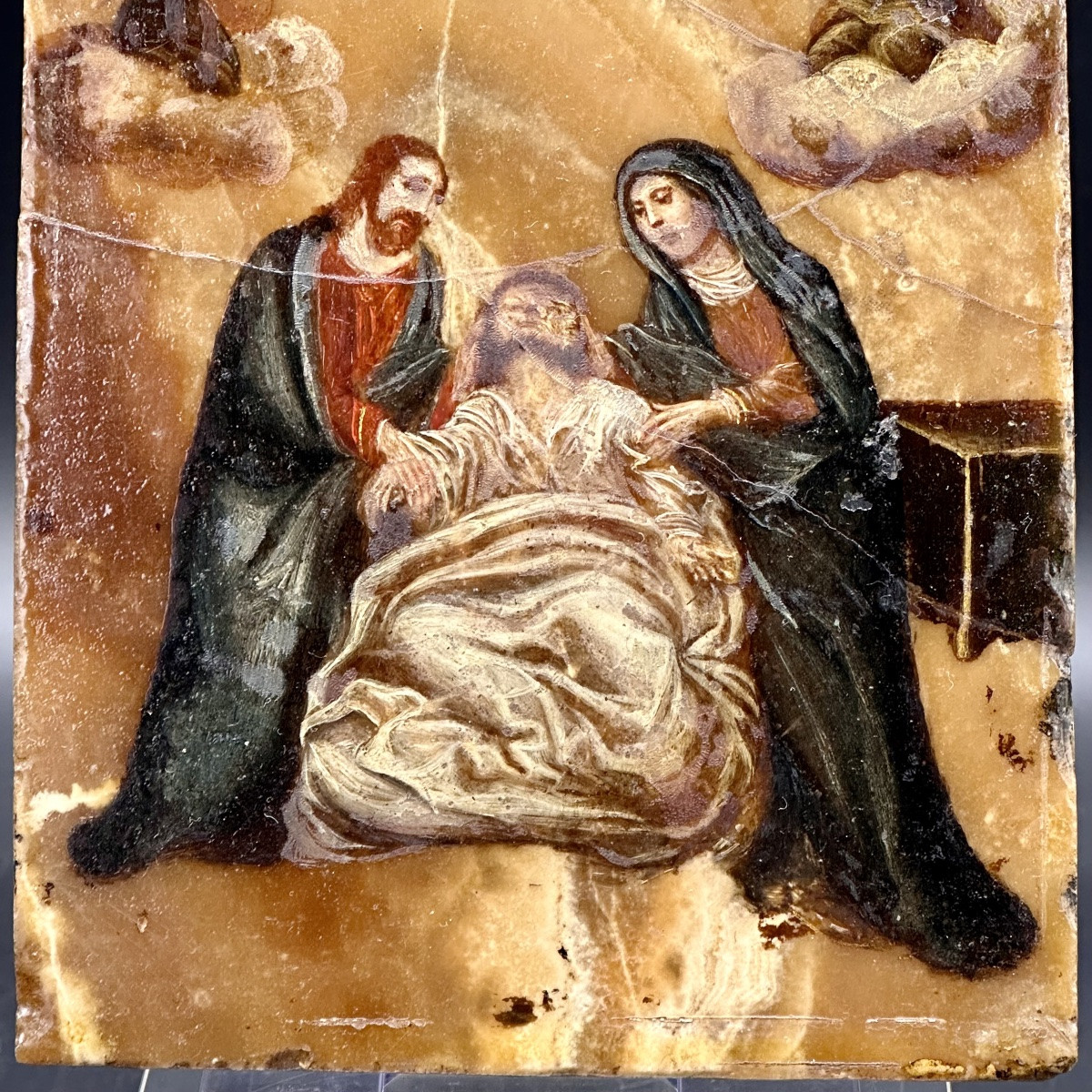 Dipinto, olio su alabastro fiorito “Morte di San Giuseppe” - XVII sec.-photo-3