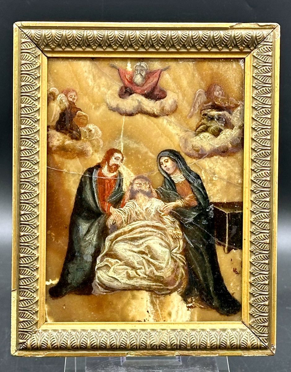 Dipinto, olio su alabastro fiorito “Morte di San Giuseppe” - XVII sec.