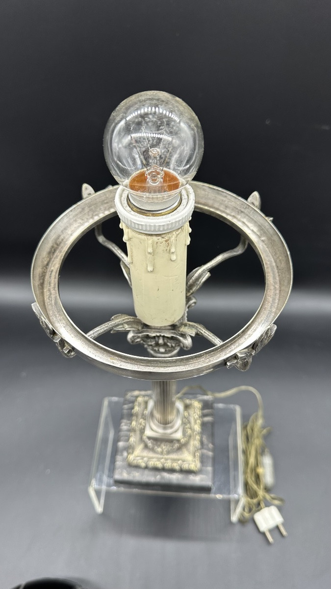 Lampada da tavolo in cristallo molato di Boemia e metallo argentato, inizi XX secolo-photo-3