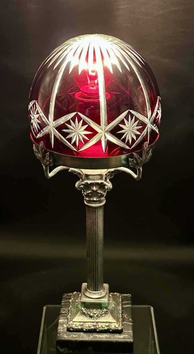 Lampada da tavolo in cristallo molato di Boemia e metallo argentato, inizi XX secolo-photo-6