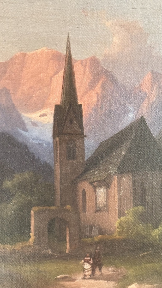 Dipinto paesaggistico alpino con chiesa, olio su tela – XIX secolo -photo-2