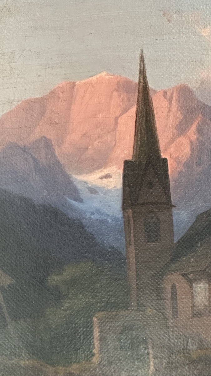 Dipinto paesaggistico alpino con chiesa, olio su tela – XIX secolo -photo-3