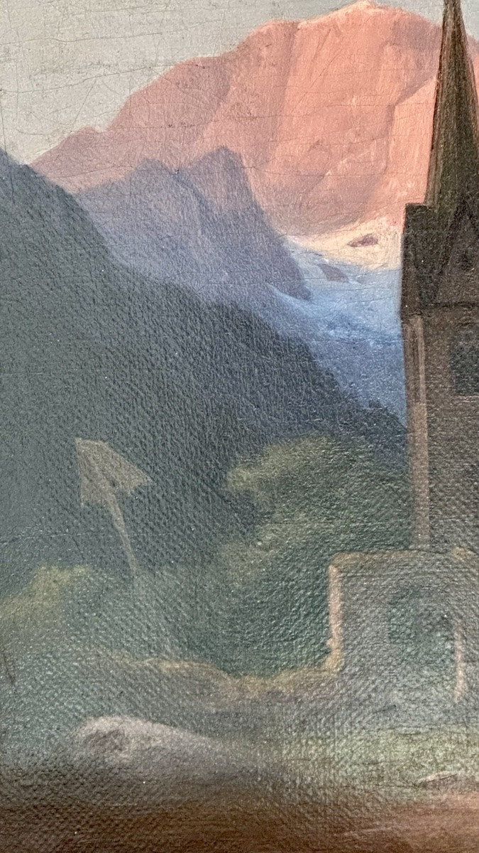Dipinto paesaggistico alpino con chiesa, olio su tela – XIX secolo -photo-4