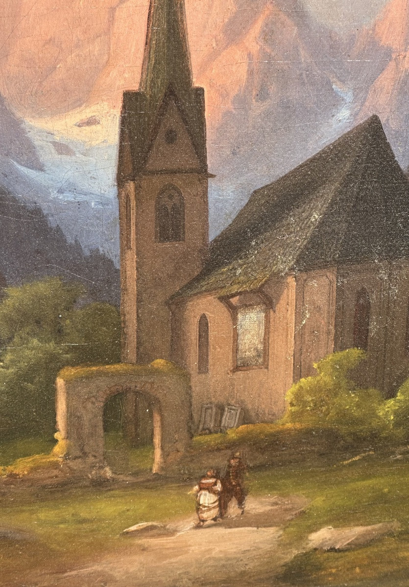 Dipinto paesaggistico alpino con chiesa, olio su tela – XIX secolo -photo-2