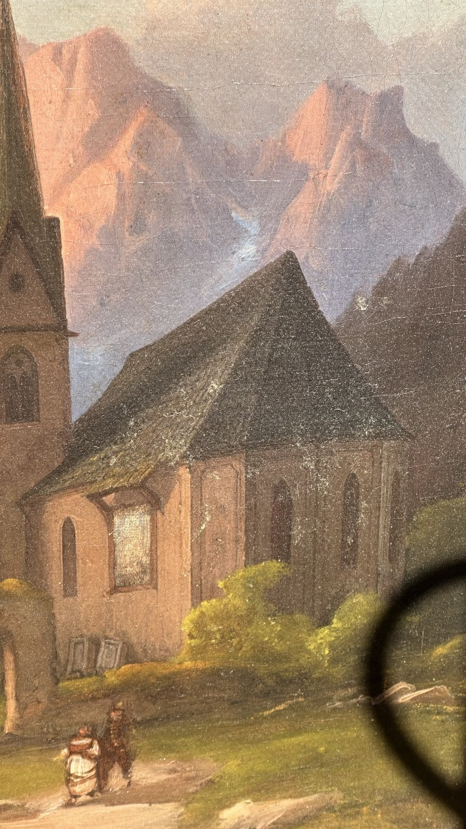 Dipinto paesaggistico alpino con chiesa, olio su tela – XIX secolo -photo-3