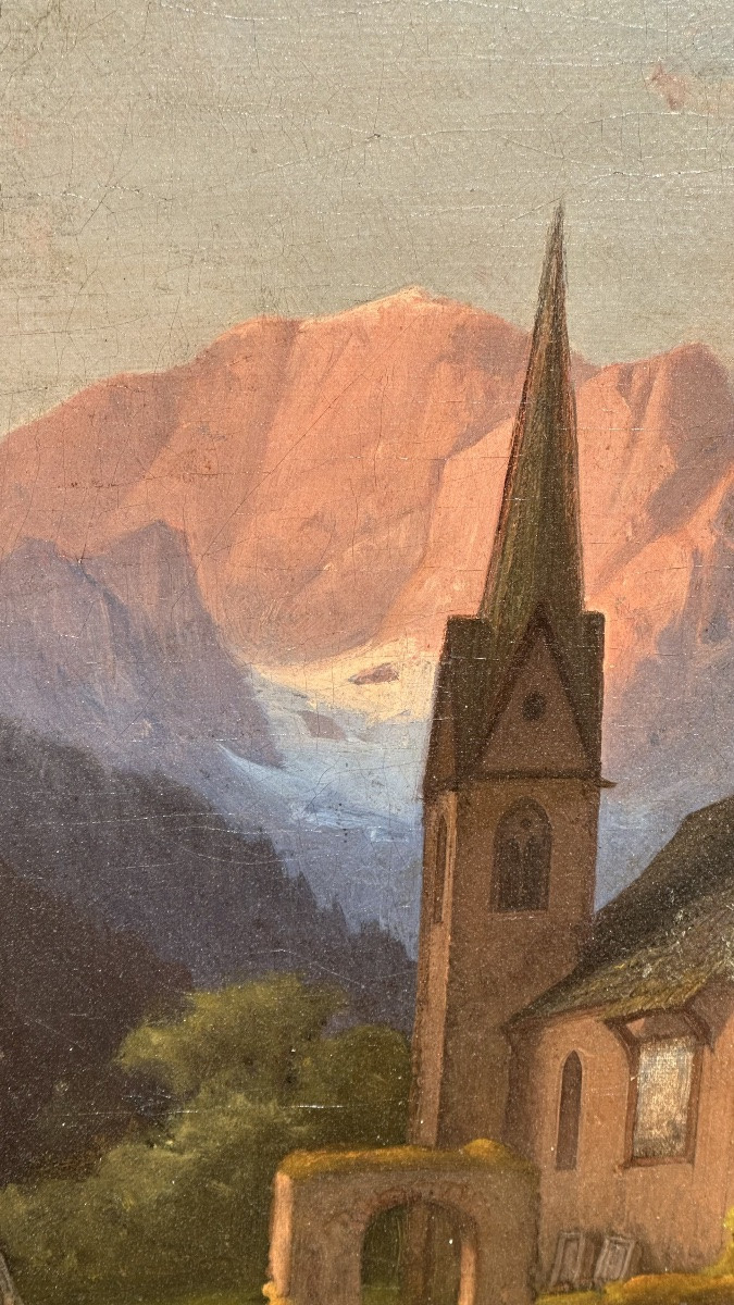 Dipinto paesaggistico alpino con chiesa, olio su tela – XIX secolo -photo-4