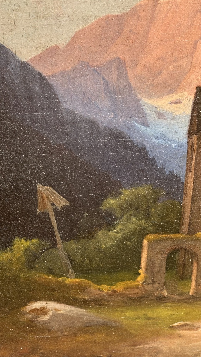 Dipinto paesaggistico alpino con chiesa, olio su tela – XIX secolo -photo-5