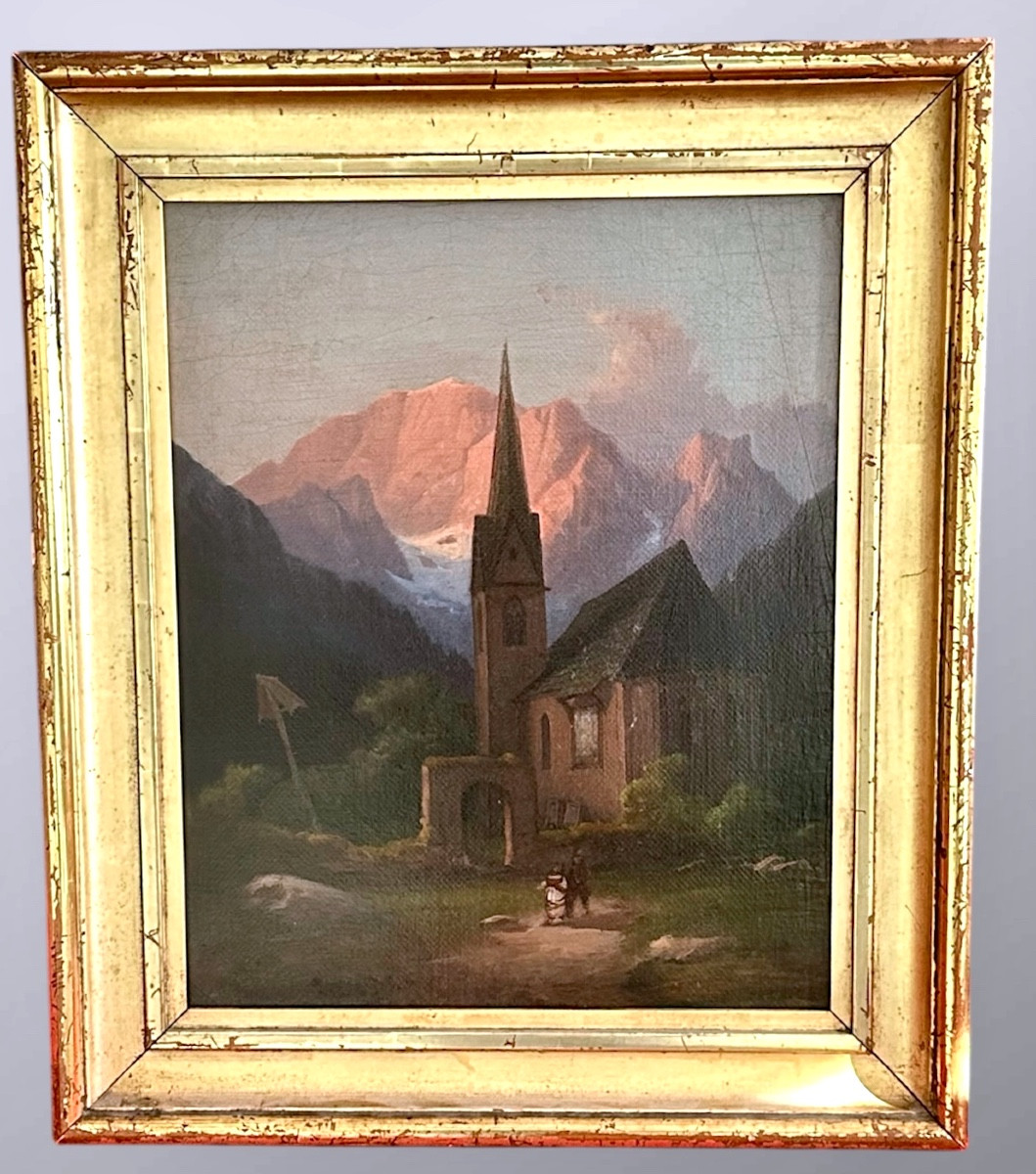 Dipinto paesaggistico alpino con chiesa, olio su tela – XIX secolo 
