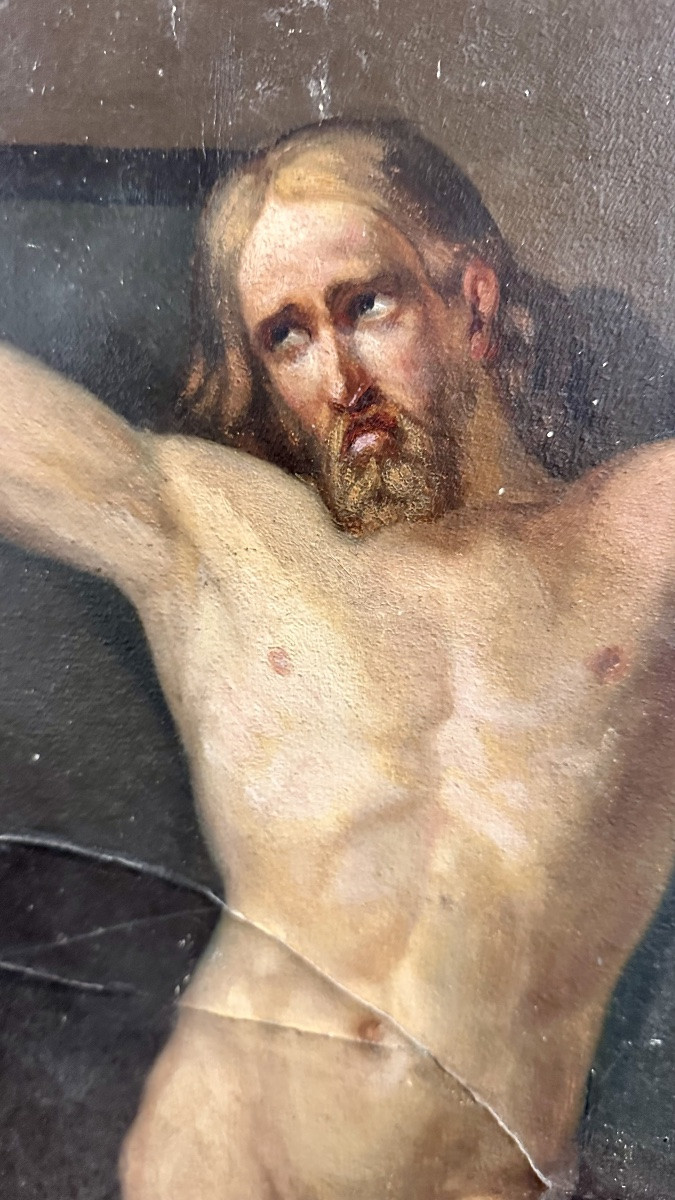 Dipinto raffigurante Cristo crocifisso, olio su tela, ambito pittorico europeo, XIX secolo.-photo-2