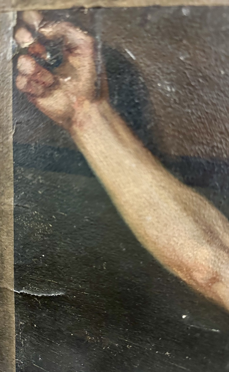 Dipinto raffigurante Cristo crocifisso, olio su tela, ambito pittorico europeo, XIX secolo.-photo-3