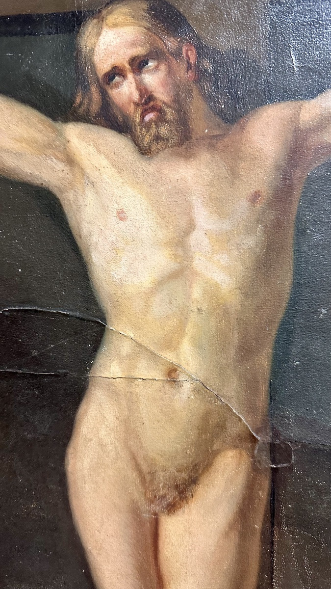 Dipinto raffigurante Cristo crocifisso, olio su tela, ambito pittorico europeo, XIX secolo.-photo-1