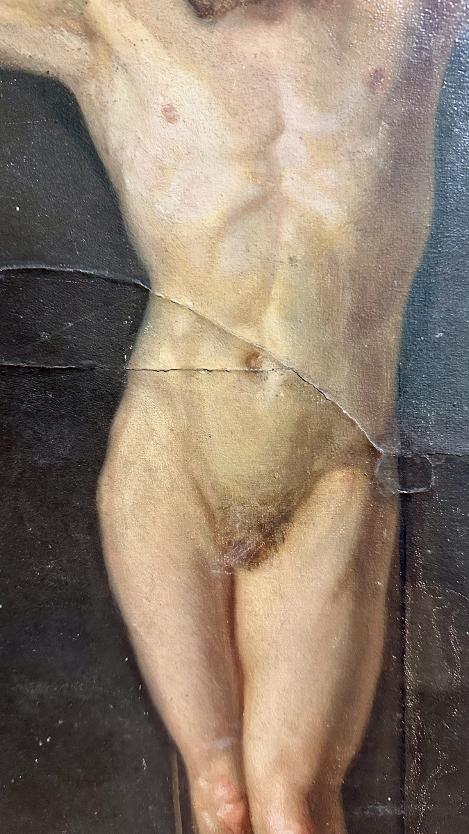 Dipinto raffigurante Cristo crocifisso, olio su tela, ambito pittorico europeo, XIX secolo.-photo-2