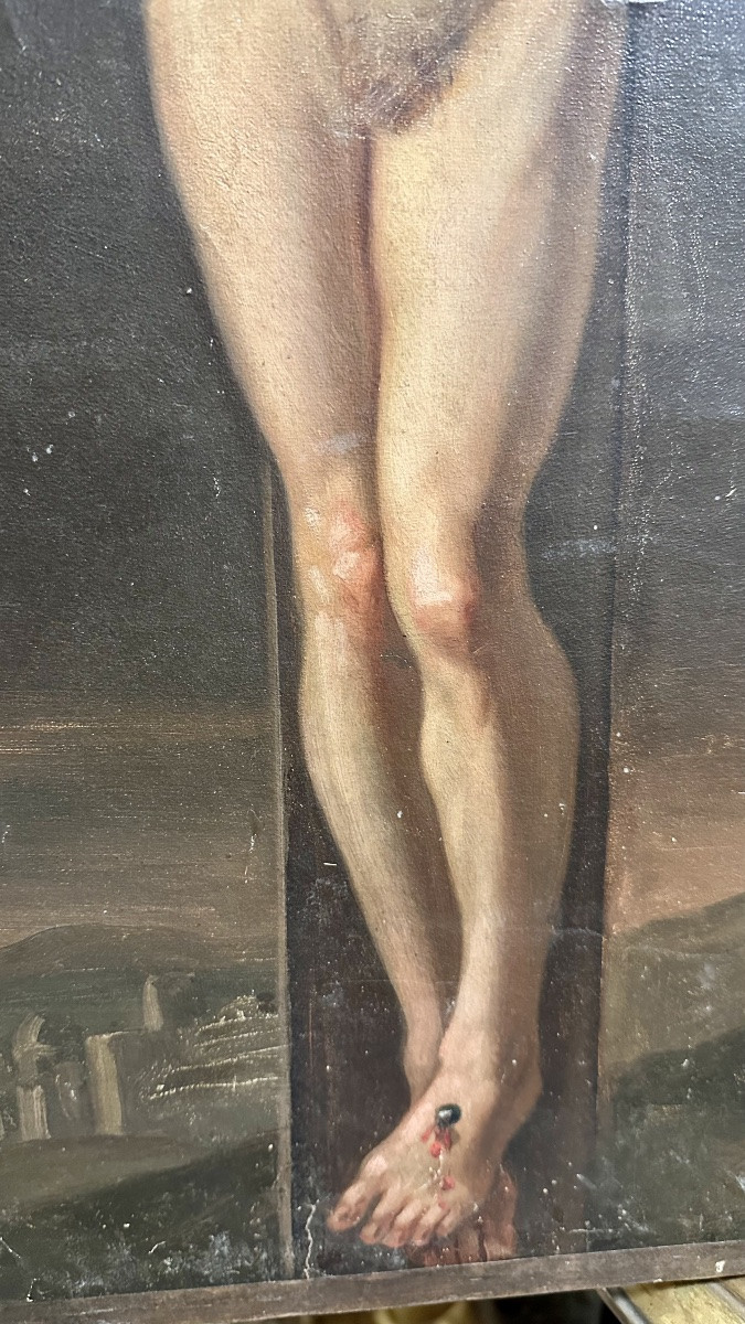 Dipinto raffigurante Cristo crocifisso, olio su tela, ambito pittorico europeo, XIX secolo.-photo-3