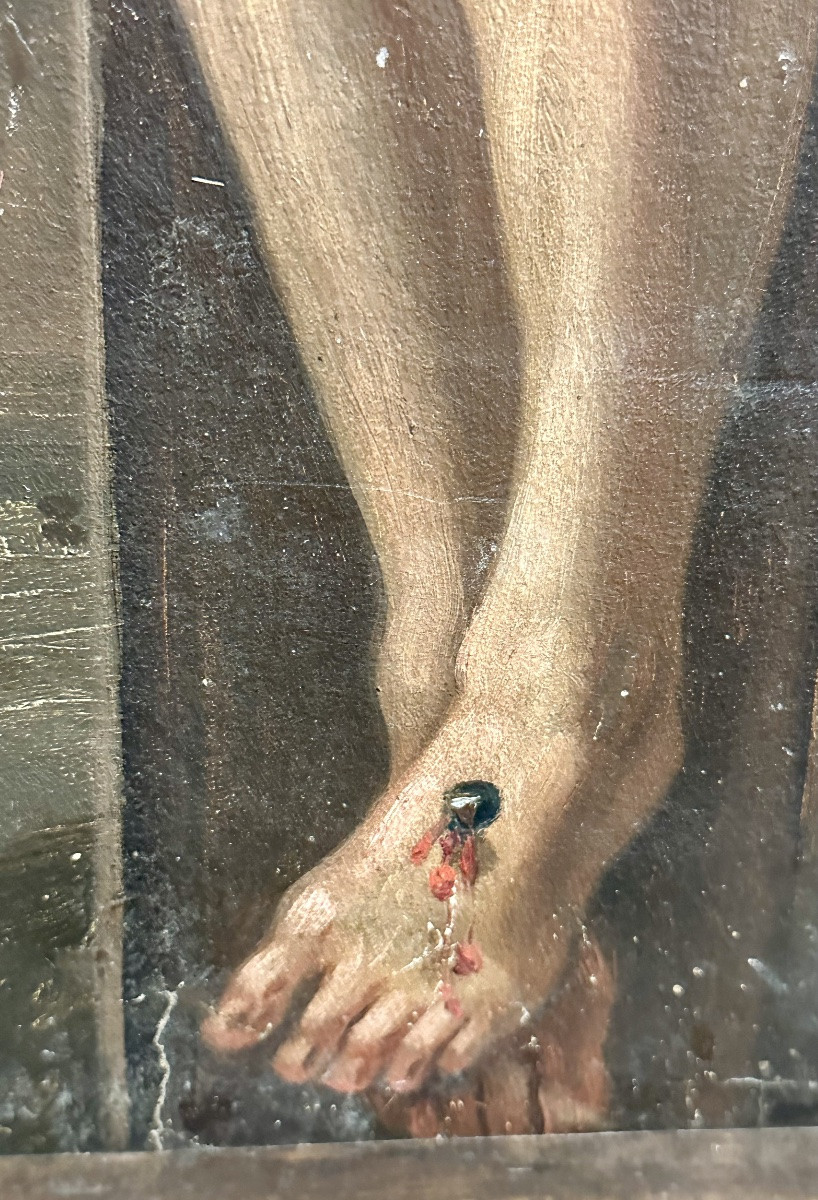 Dipinto raffigurante Cristo crocifisso, olio su tela, ambito pittorico europeo, XIX secolo.-photo-4