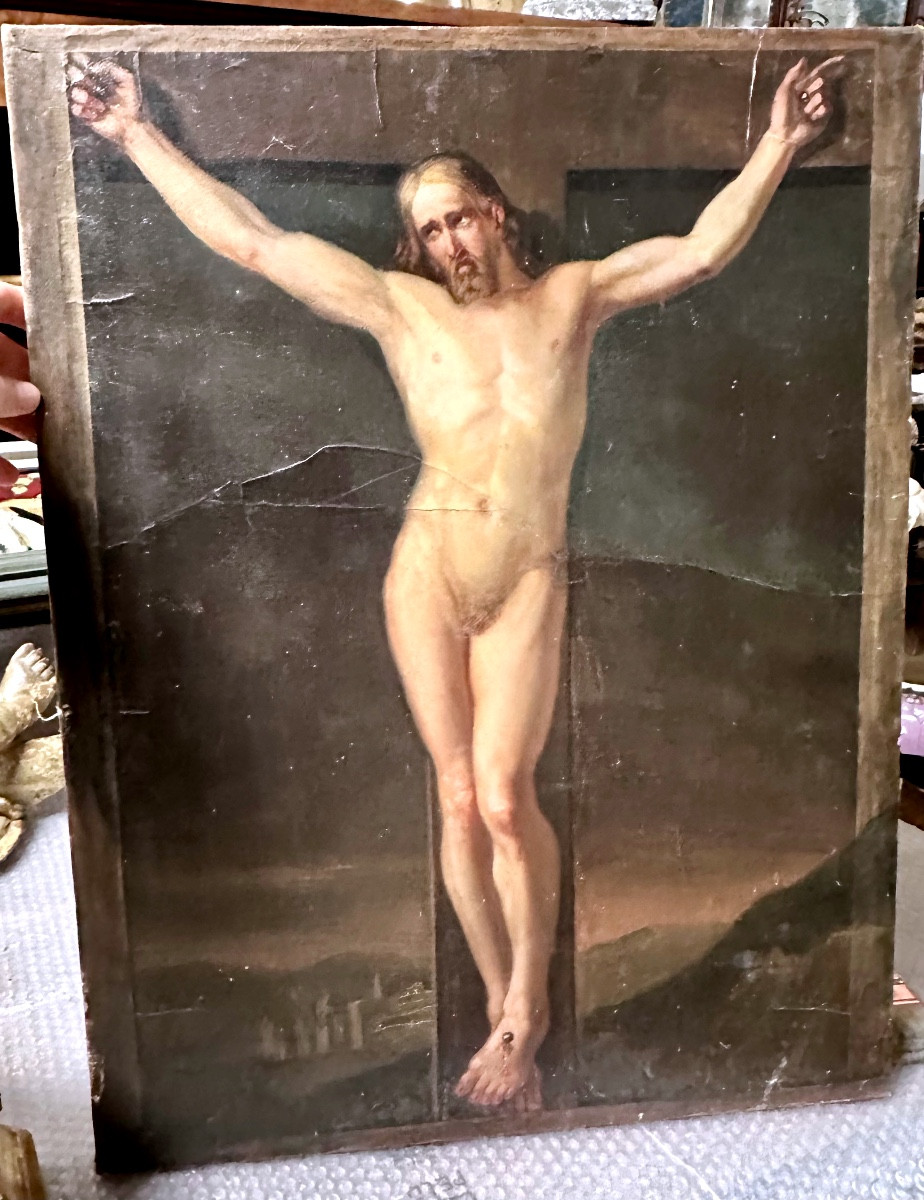 Dipinto raffigurante Cristo crocifisso, olio su tela, ambito pittorico europeo, XIX secolo.