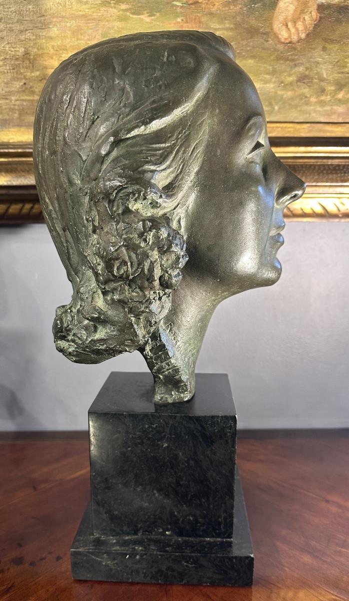 Scultura, volto femminile in bronzo patinato, firmata Rocchi 1942. -photo-3