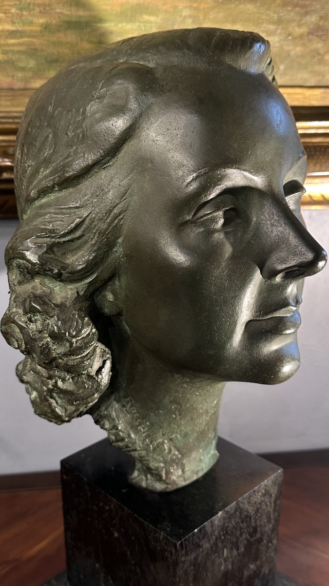 Scultura, volto femminile in bronzo patinato, firmata Rocchi 1942. -photo-3