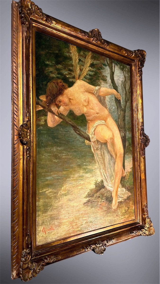 Quadro, olio su tela “La donna libellula” - A. Carnielli (firmato) - XIX sec.  -photo-2