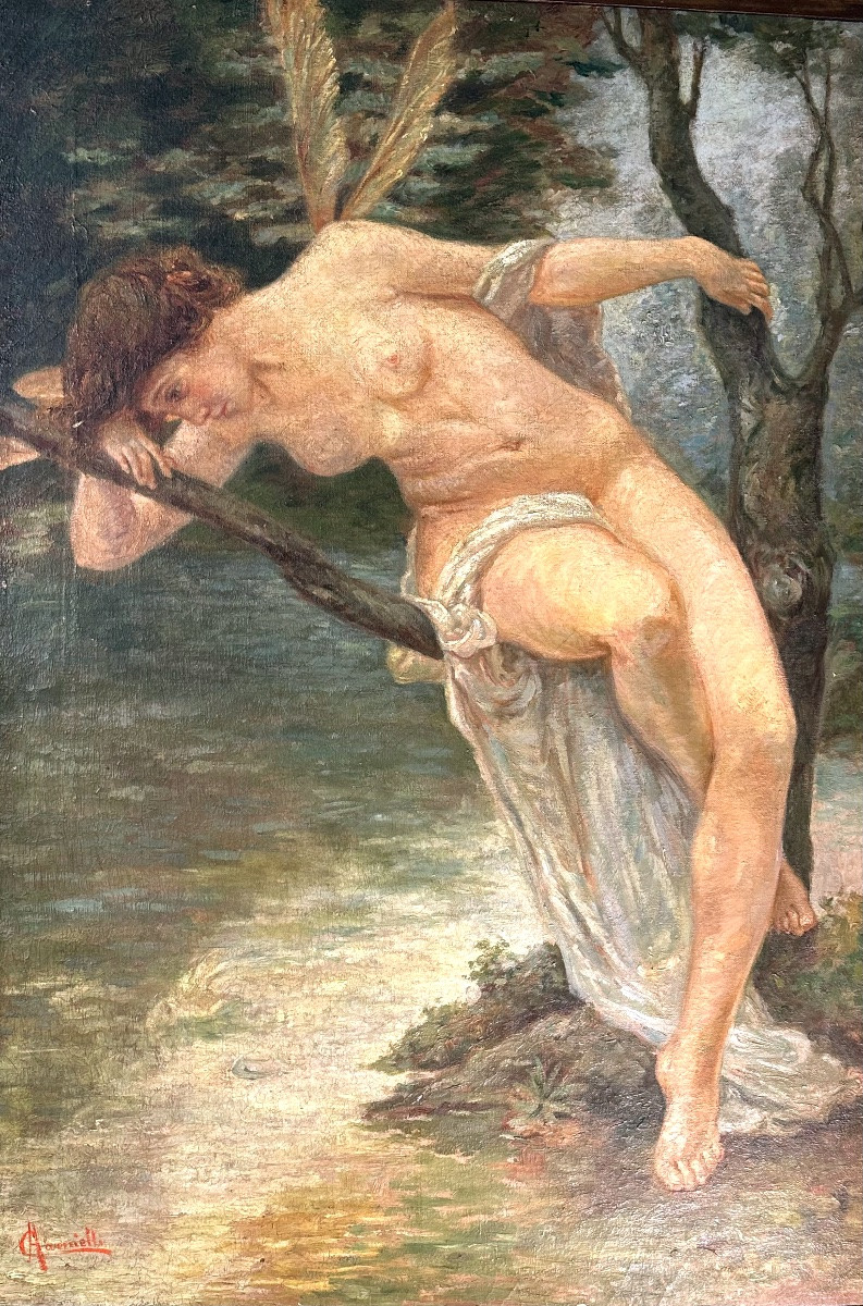 Quadro, olio su tela “La donna libellula” - A. Carnielli (firmato) - XIX sec.  -photo-3