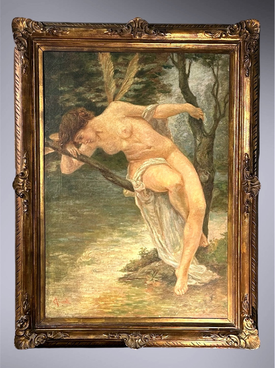 Quadro, olio su tela “La donna libellula” - A. Carnielli (firmato) - XIX sec.  
