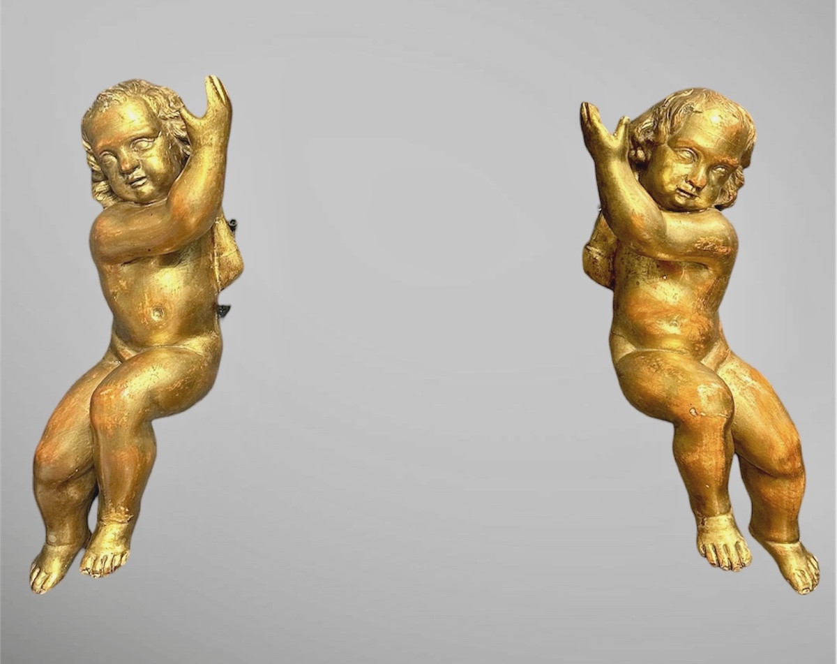 Coppia di putti, angeli scolpiti e dorati - XIX sec. 
