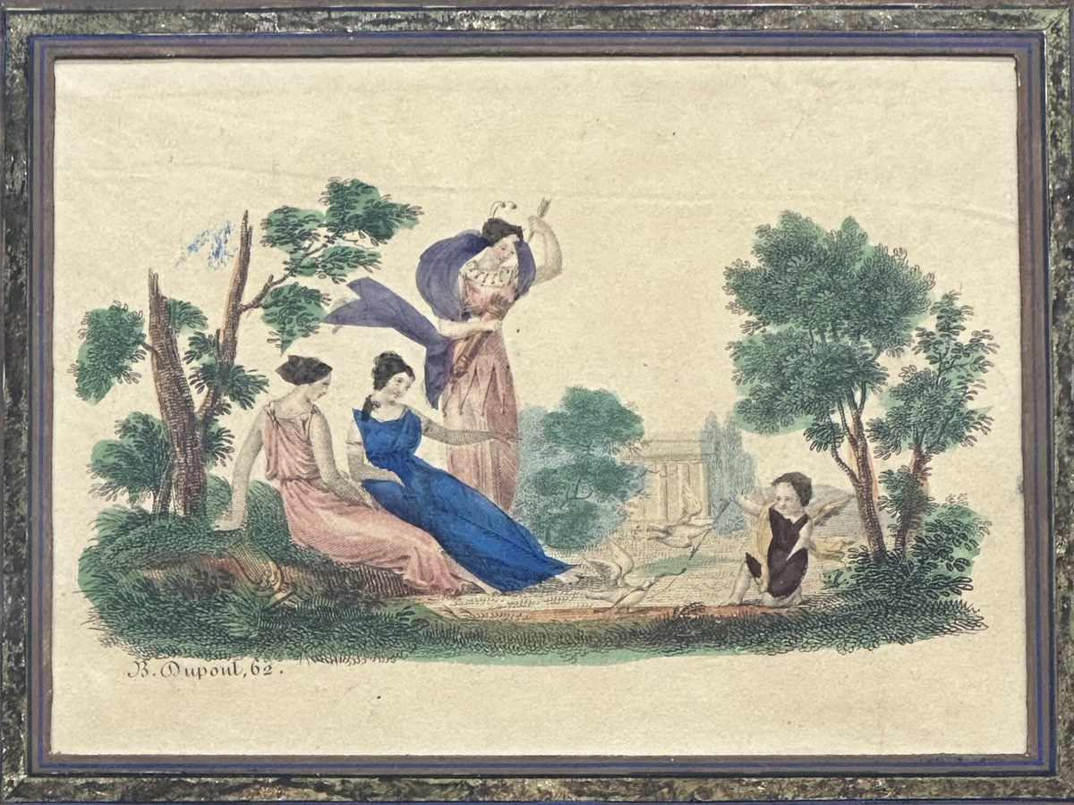 Incisione colorata “Diana e Cupido” - Neoclassico-photo-2