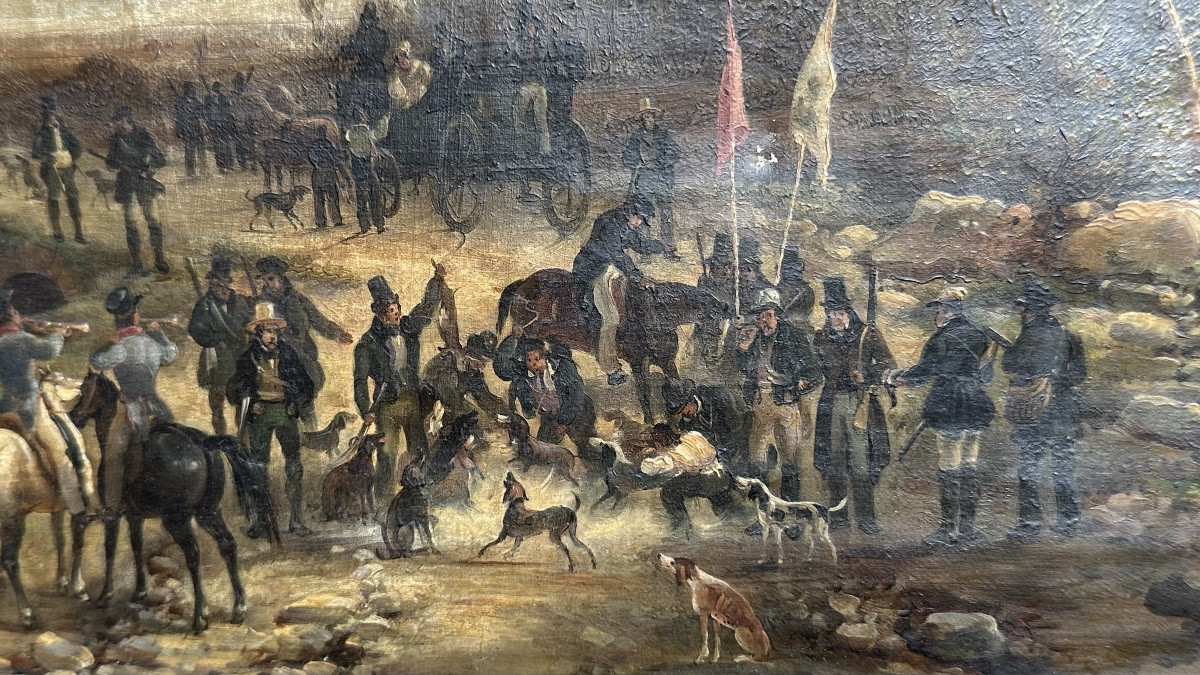 Quadro, olio su tela,  “Battuta di caccia aristocratica” - XIX sec.-photo-3
