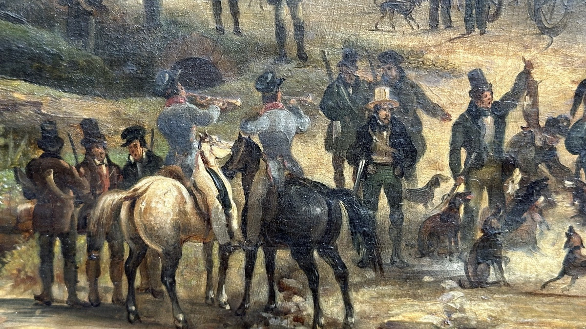 Quadro, olio su tela,  “Battuta di caccia aristocratica” - XIX sec.-photo-4